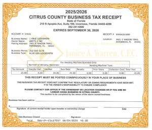2025- 2026 Citrus County Business Tax ReceiptBusiness - Citrus County Locksmith Citrus County Business License